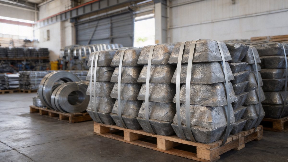 Antimony ingots stacked on pallets, ready for export