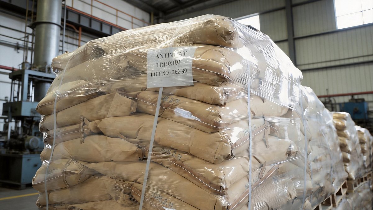 Antimony trioxide packed in woven bags at Hubei Zhongti Chemical warehouse