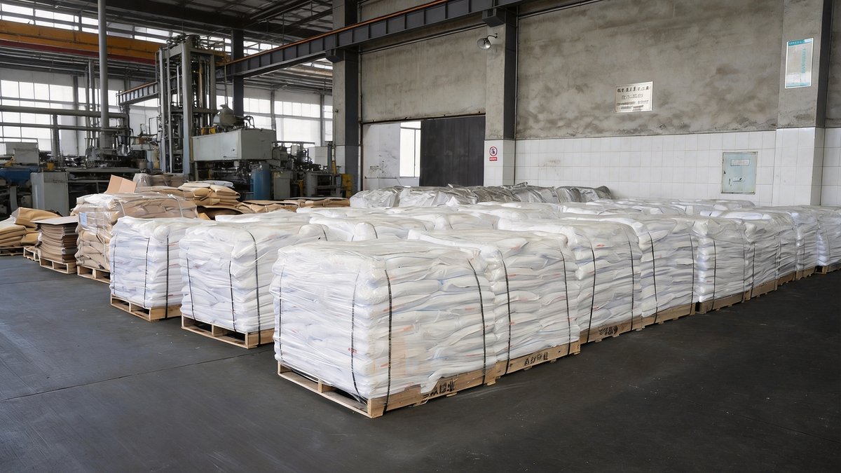 Antimony trioxide white bags stacked in production warehouse
